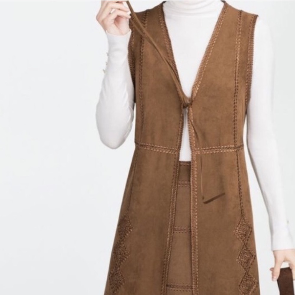 Zara Suede Crochet Long Tie Embroidered Boho Vest